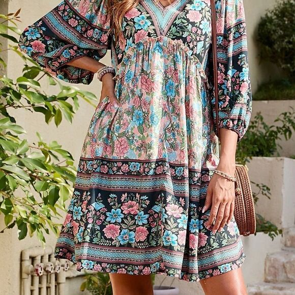 Ditsy Boho Floral Print Lantern Sleeve Dress Easter Bohemian - Picture 2 of 5